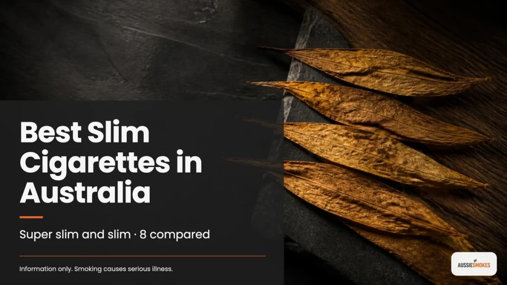 Golden cured tobacco leaves on dark slate, cover for Best Slim Cigarettes in Australia