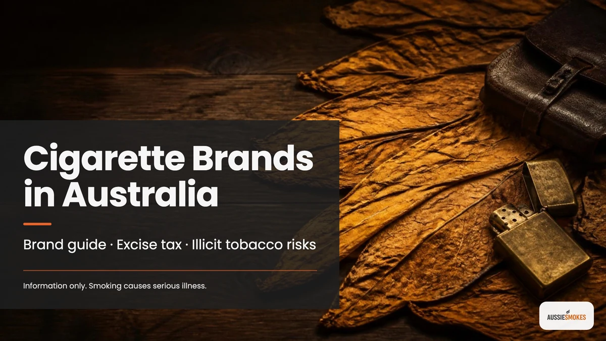 Guide to cigarette brands in Australia, with dried tobacco leaves on a dark wooden table