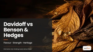 Golden cured tobacco leaves on dark walnut, cover for Davidoff vs Benson & Hedges