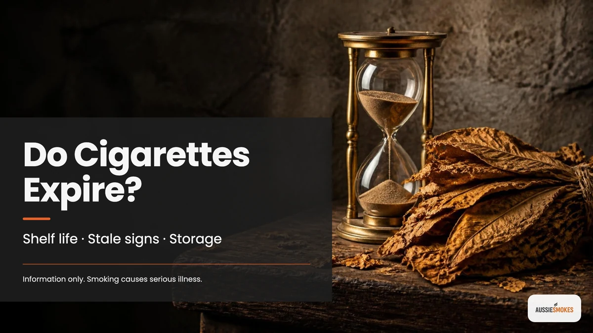 Brass hourglass beside aged tobacco leaves on a cellar shelf, cover for Do Cigarettes Expire
