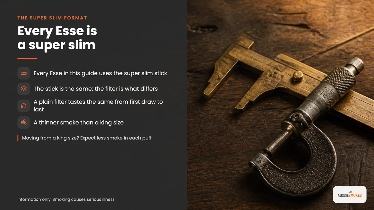 Facts on the super slim format shared by every Esse cigarette, beside brass callipers