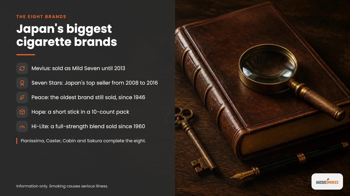 Leather ledger and brass magnifying glass listing the biggest Japanese cigarette brands