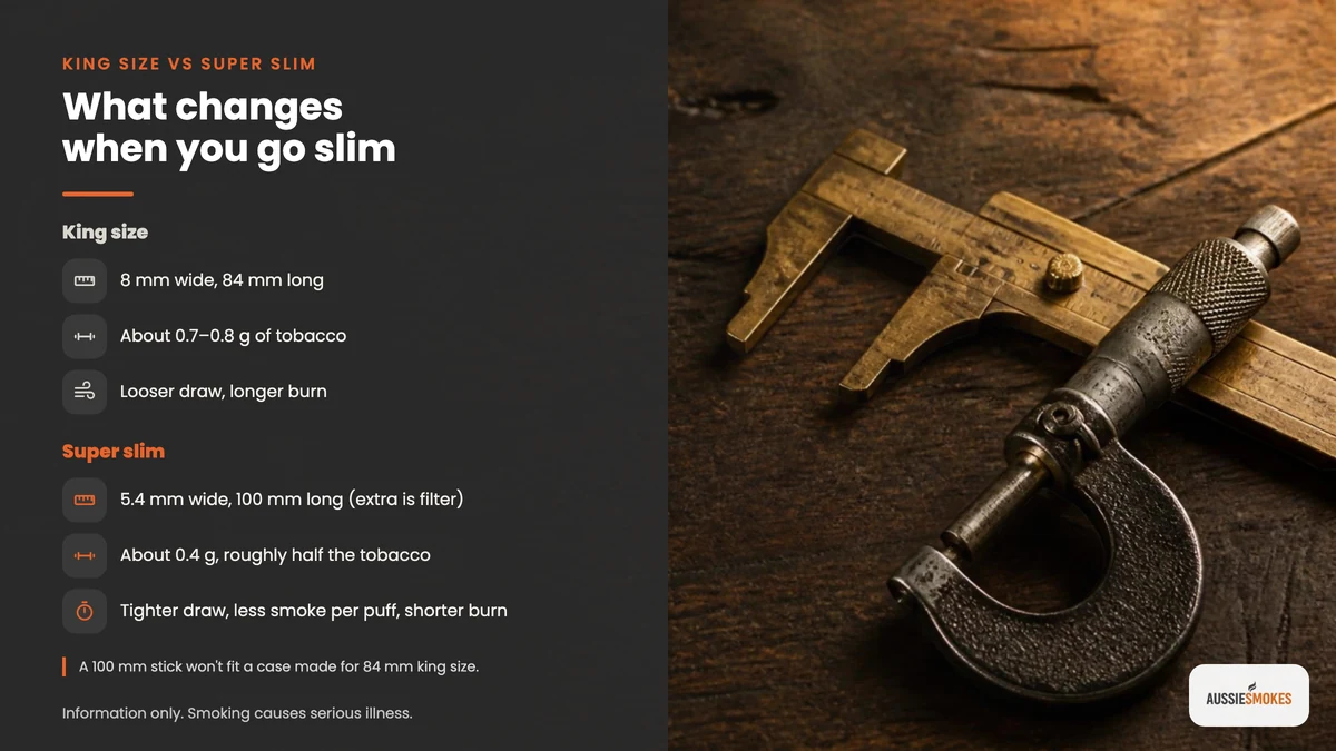 King size vs super slim cigarette size comparison beside brass callipers and a micrometer