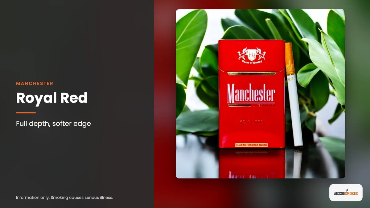 Real photo of Manchester Royal Red cigarettes: full depth, softer edge