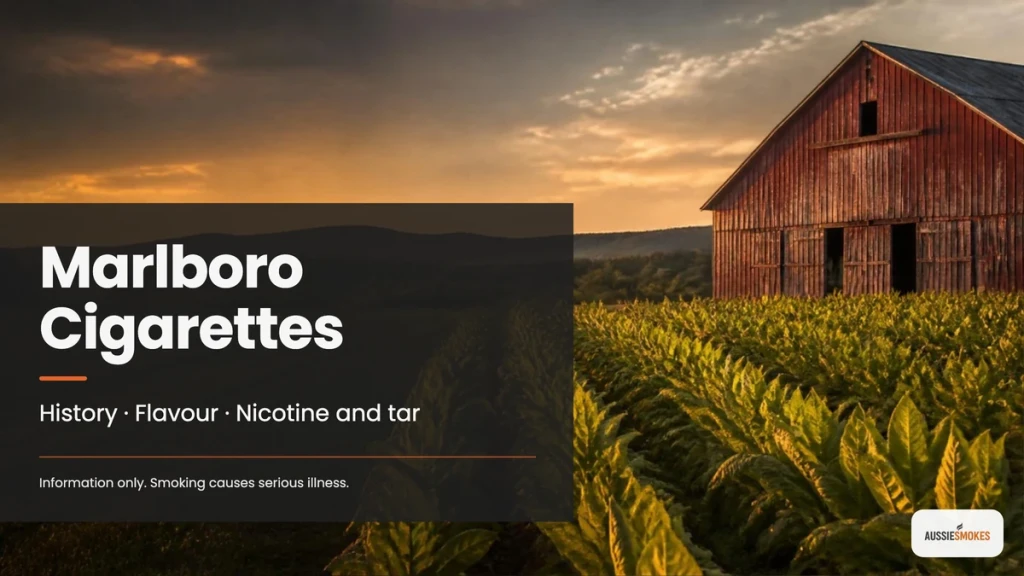 Red wooden tobacco barn beside a tobacco field at sunset with the title Marlboro Cigarettes