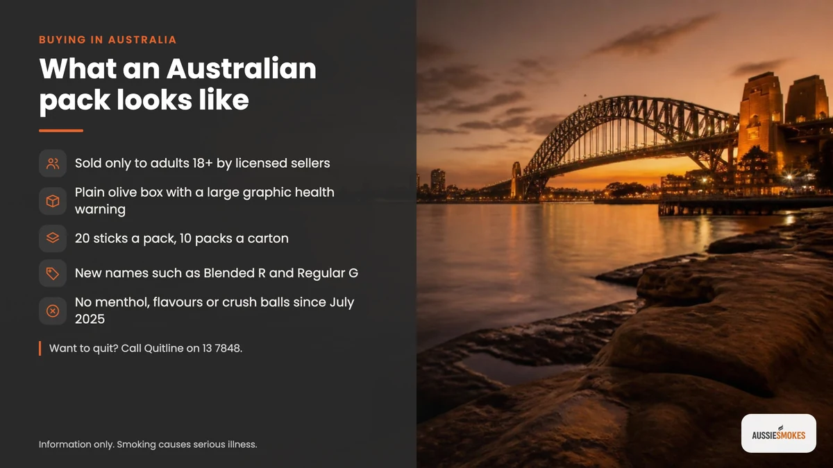 Features of a plain-packaged Marlboro pack sold in Australia, Sydney Harbour Bridge behind