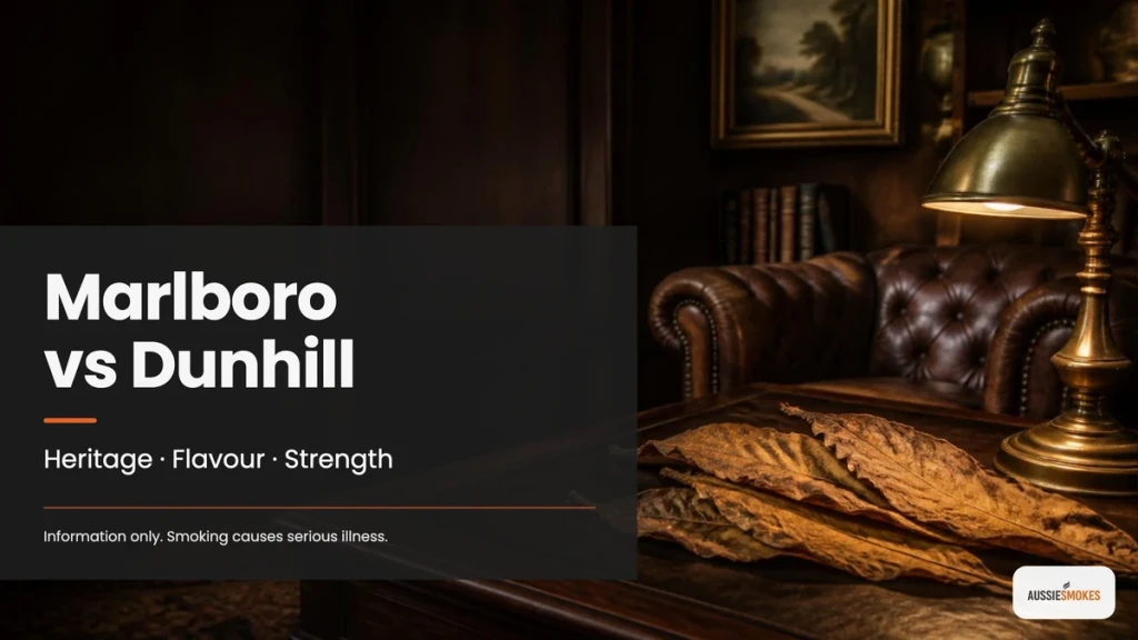 Gentleman's study with cured tobacco leaves on a walnut desk, cover for Marlboro vs Dunhill