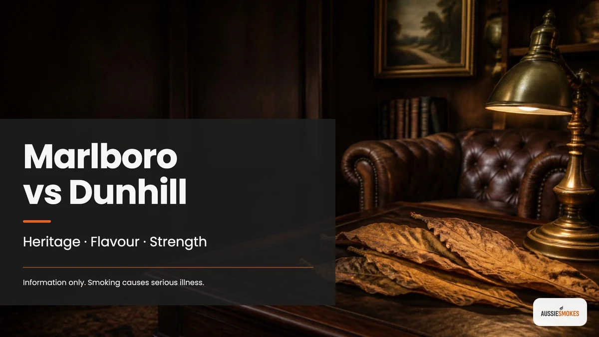 Gentleman's study with cured tobacco leaves on a walnut desk, cover for Marlboro vs Dunhill