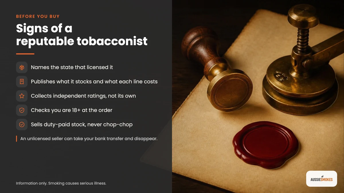 Brass stamp and wax seal with signs of a reputable licensed tobacconist in Australia